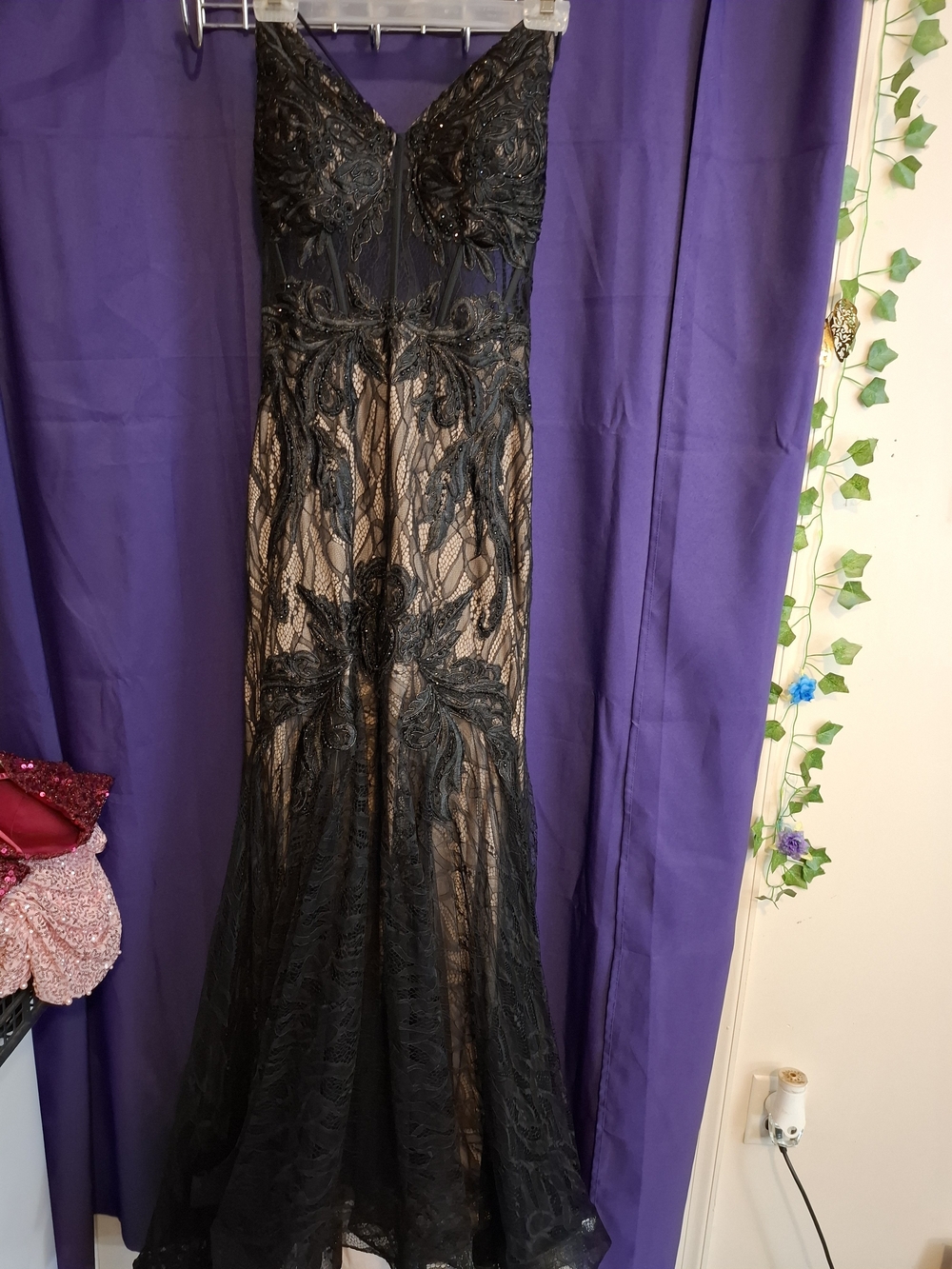 Macy's Black Lace Maxi Gown with Nude Underlay